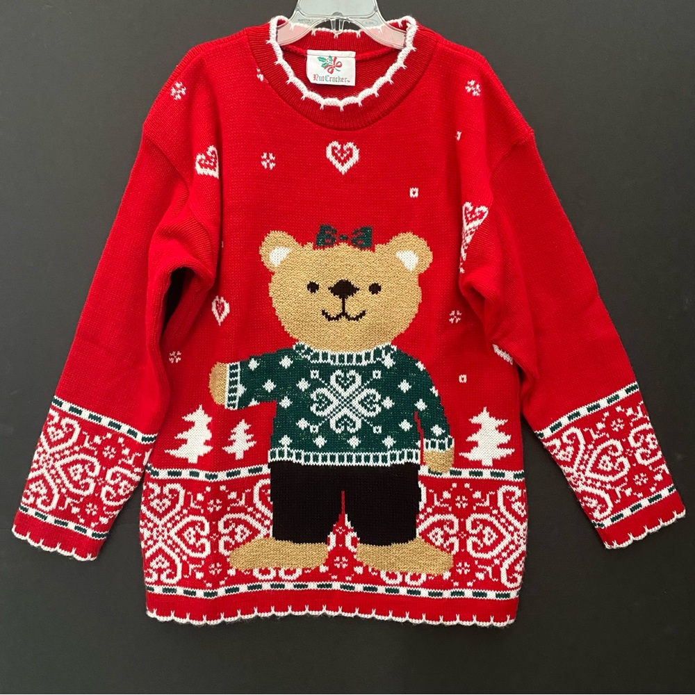 Nutcracker Christmas Bear Sweater Girl’s Vintage Holiday Ugly Sweater Acrylic